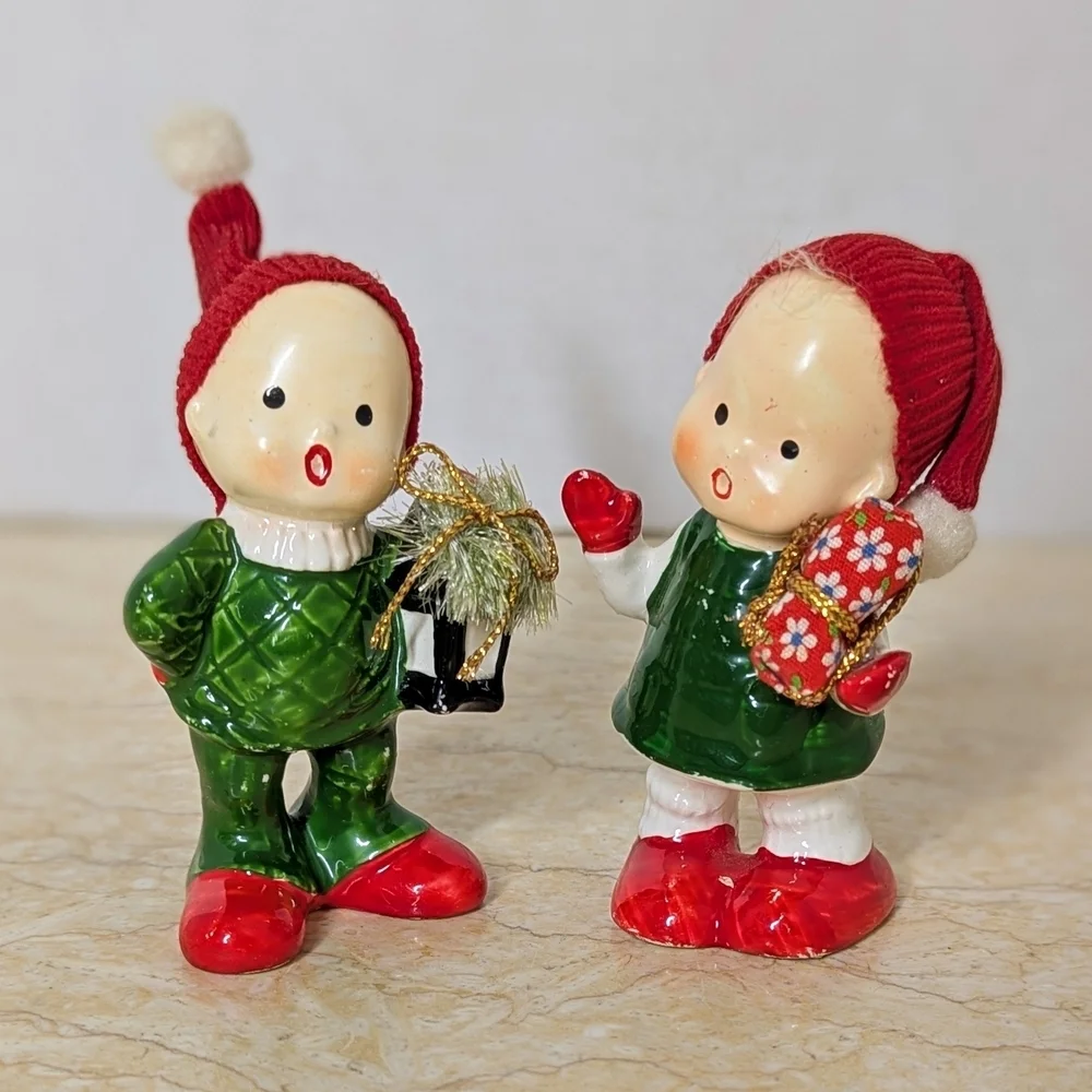 Vintage Napcoware Pair Christmas Elf Carolers 50's Ceramic Figurines Japan